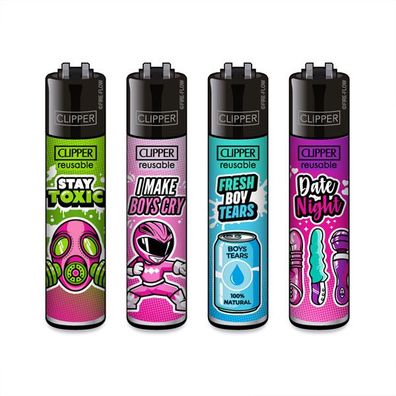 Clipper Reibrad Feuerzeuge Girly Slogan, 4 Stück