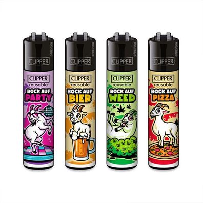 Clipper Reibrad Feuerzeuge Bock auf, 4 Stück