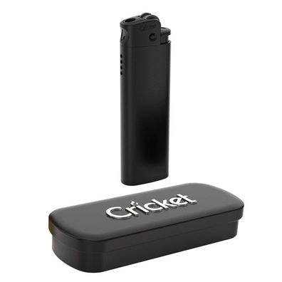 Cricket Reibradfeuerzeug Schwarz Jetflame in der Metallbox + Ersatzfeuerstein