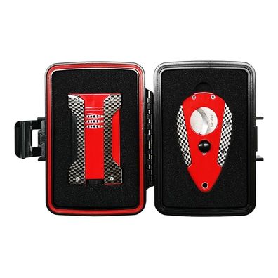 Myon Zigarrenset aus Jet Feuerzeug und Cutter, Carbon / Rot, nachfüllbar
