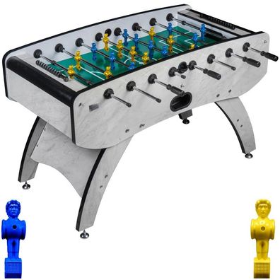 Fußball Tischkicker Design Weiss grünes Spielfeld Figuren Blau Gelb 80kg