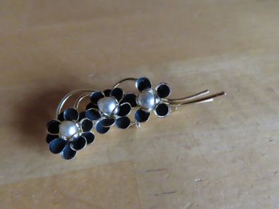 Modeschmuck Anstecknadel Brosche goldfarben mit schwarzen Blumen und Perlen