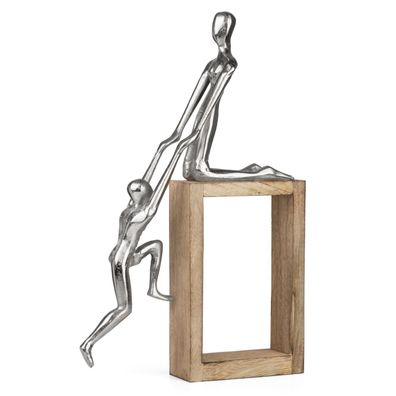 Moderne Dekofigur Hilfe leisten aus Aluminium auf Mangoholzsockel 27,8 x 7 x 42,5