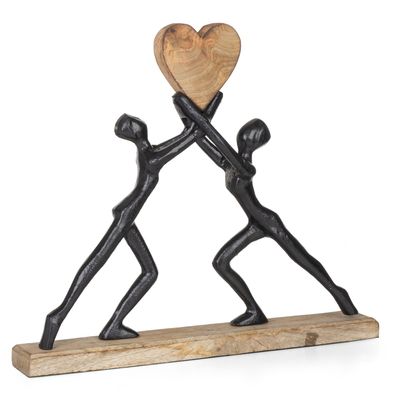 Moderne Skulptur aus Aluminium und Holz 38 x 6 x 33 cm - Dekofigur mit Herz auf