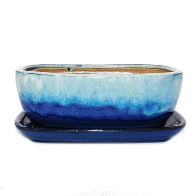 Bonsai-Schale mit Unterteller Gr. 4 - Blau-Beige - rechteckig - Modell GB5 - L