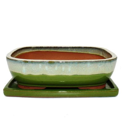 Bonsai-Schale mit Unterteller Gr. 6 Grün-Beige rechteckig Modell GB5 L 37cm B