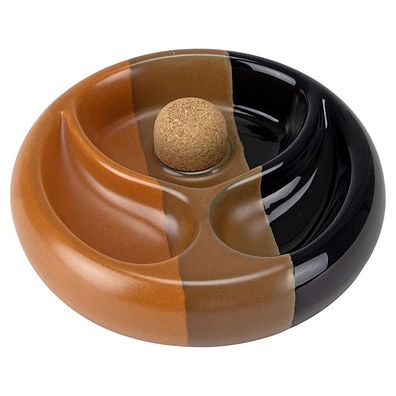 Pfeifenaschenbecher, Keramik, rund, schwarz/braun, mit 2 Ablagen