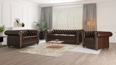 Chloe - Polstergarnitur 3 + 2 + 1 mit Schlaffunktion Chesterfield aus veganem Leder