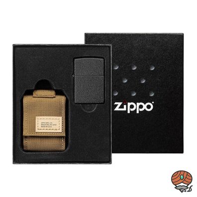 Zippo Geschenk Set, Zippo Black Crackle + Zippo Tasche aus Nylon in sandfarben