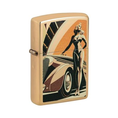Zippo Benzin-Feuerzeug Messing poliert, Vintage Car and Woman, 60007258 unbefüllt