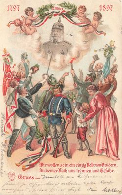 AK Künstlerkarte, "Wir wollen sein ein einzig Wolk von Brüdern...", gelaufen am 14.03