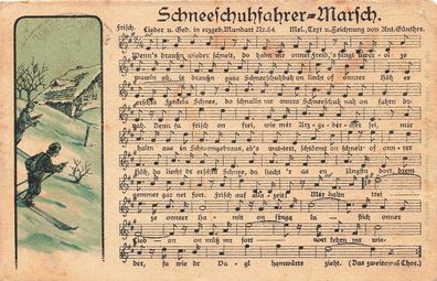 AK Künstlerkarte, "Schneeschuhfahrer - Marsch", Zugpost, gelaufen am 05.01.1932