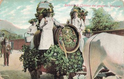 AK Künstlerkarte, "Herbstschmuck - Schluss der gesamten Weinlese", n. gelaufen