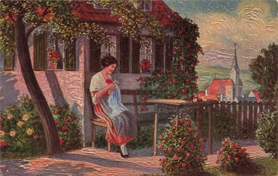 AK Künstlerkarte, "Sonntagsmorgen", n, gelaufen