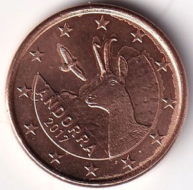 1 Cent Münze Andorra- 2017 - "Pyrenäen-Gämße und Greifvögel"