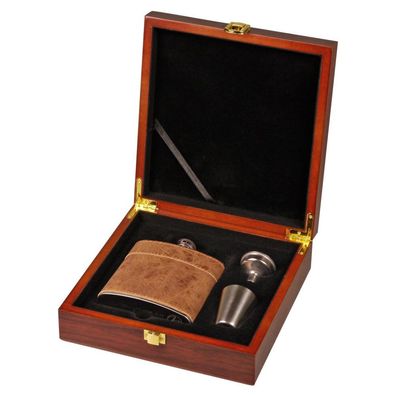 Hauser Flachmann Geschenkset Edelstahl mit braunem Leder, 180 ml, 4-teilig