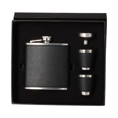 Angelo Flachmann Geschenkset Edelstahl mit schwarzer Lederhülle, 180ml, 3-teilig