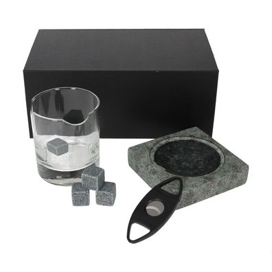 AKRA Zigarrenset Nr. 1, Granitaschenbecher, Cutter, Glas und Chilling Rocks