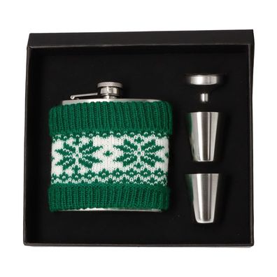 Angelo Flachmann Geschenkset Metall mit grüner Stoffhülle, 180ml, 3-teilig