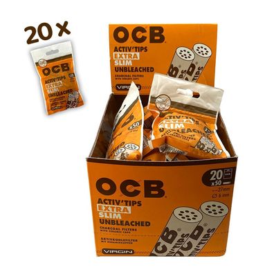 OCB Activ Tips Extra Slim Unbleached 6mm Aktivkohle-Filter Box mit 20x 50 Stück