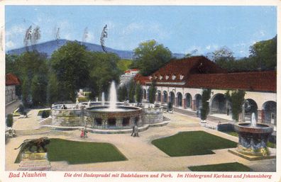 AK Bad Nauheim (61231), Die drei Badesprudel mit Badehäusern und Park, gelaufen am 10