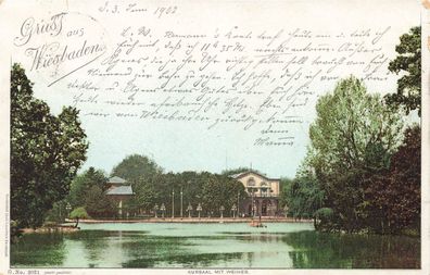 AK WIesbaden (65183), Kursaal mit Weiher, 03.06.1902