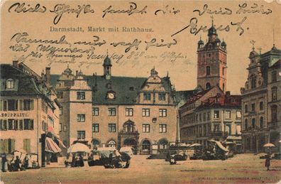 AK Darmstadt (64283), Markt mit Rathaus, gelaufen am 03.09.1902