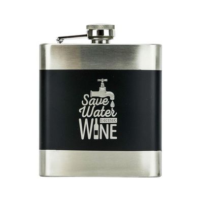 Hauser Flachmann "Save Water drink Wine" Design, 180ml schwarz aus Edelstahl