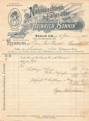 Alte Rechnungen, "Heinrich Bonnin, Berlin s.w." 18.06.1903