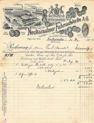 Alte Rechnungen, "Neckasulmer Fahrradwerde A.-G, Neckarsulm" 30.05.1903
