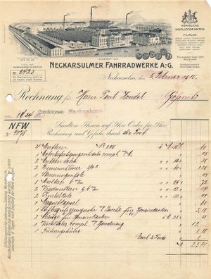 Alte Rechnungen, "Neckasulmer Fahrradwerde A.-G, Neckarsulm" 05.02.1910