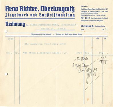 Alte Rechnung, Arno Richter, Oberlungwitz" 26.11.1938