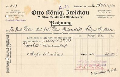 Alte Rechnung, Otto König, Zwickau" 21.10.1924