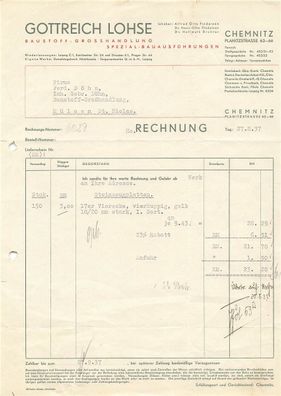 Alte Rechnung, Gottreich Lohse, Chemnitz" 27.08.1937