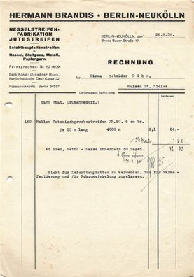 Alte Rechnung, Herrmann Brandis, Berlin-Neukölln" 26.08.1938