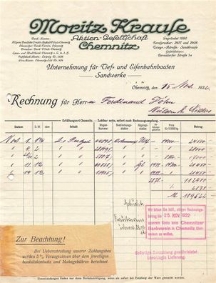 Alte Rechnung, Moritz Krause, Chemnitz" 15.11.1922