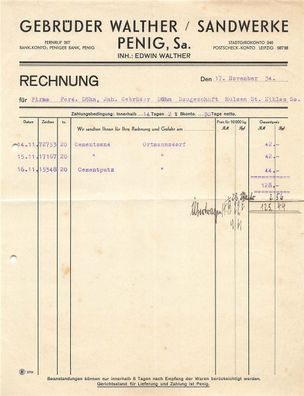 Alte Rechnung, Gebrüder Walther Sandwerke , Penig i. Sa." 24.07.1937