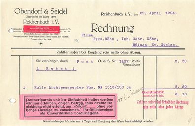 Alte Rechnung, Obendorf & Seidel, Reichenbach i.V." 29.04.1924