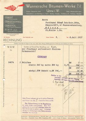 Alte Rechnung, Wunnersche Bitumen-Werke, Unna i.W." 08.06.1937