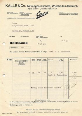 Alte Rechnung, Kalle & Co. Aktiengesellschaft, Wiesbaben-Biebrich" 26.08.1937