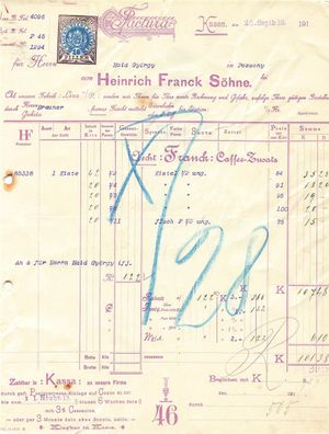 Alte Rechnung, Heinrich Franck Söhne, Linz" 20.09.1913