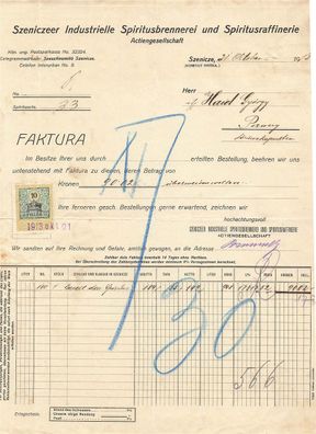 Alte Rechnung, Szeniczeer Int. Spiritusbrennerei u. Spiritusraffinerie AG, Szenicze"