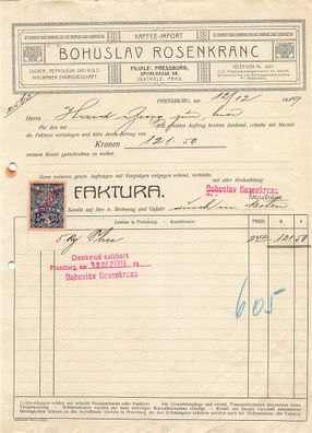 Alte Rechnung, Bohuslad Ronsenkranc, Pressburg" 12.12.1919