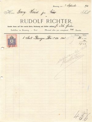 Alte Rechnung, Rudof Richter, Possony, 02.09.1913
