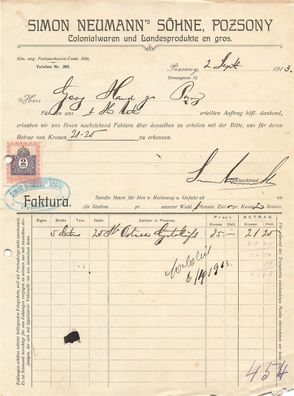 Alte Rechnung, Simon Neumann' Söhne, Possony" 02.09.1913