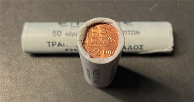 Münzrolle - 50 x 2 Cent Münze Griechenland 2002 - "Korvette aus d. Zeit d. Unabhängig