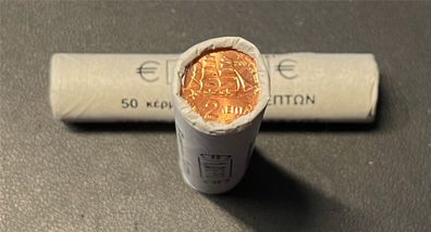 Münzrolle - 50 x 2 Cent Münze Griechenland 2007 - "Korvette aus d. Zeit d. Unabhängig