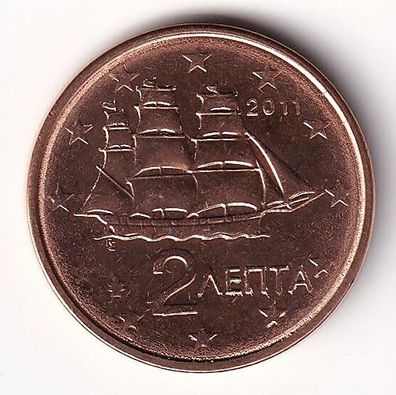 2 Cent Münze Griechenland 2011 - "Korvette aus d. Zeit d. Unabhängigkeitkrieges"
