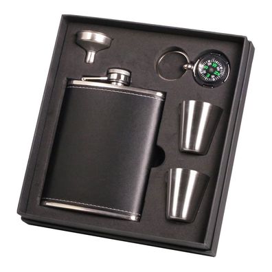 Hauser Flachmann aus Edelstahl mit schwarzem Kunstlederüberzug + Kompass, 210 ml
