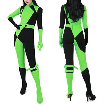 Damen Kim Possible Shego Kostum Karneval Fasching Cosplay Einteiler Jumpsuit